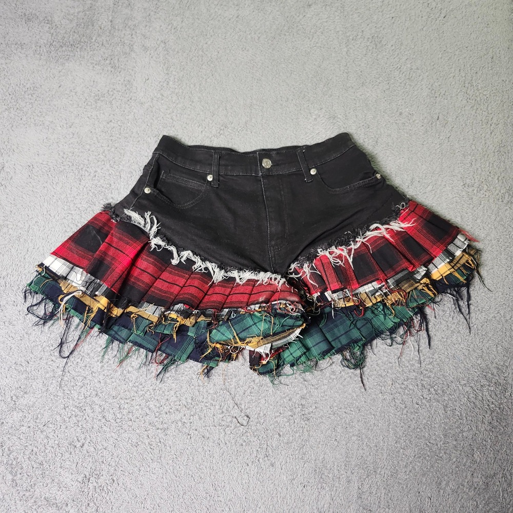 Akira Womens L Denim Shorts Black Plaid Ruffle Pleated Frayed Punk AK8132